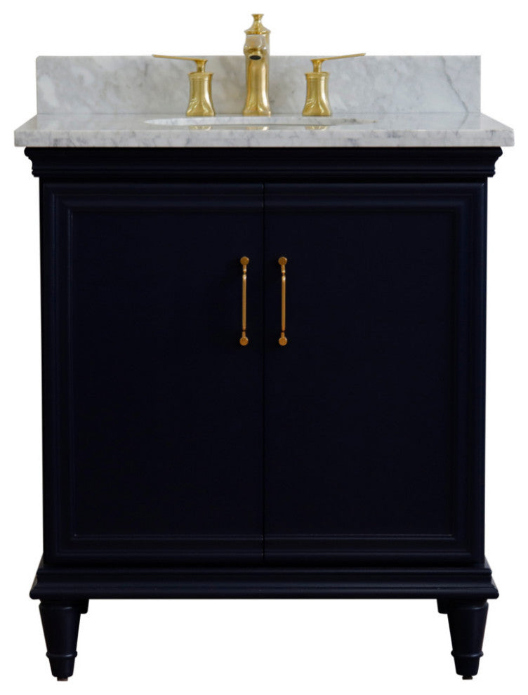 31" Single Vanity, Blue Finish With White Carrara And Oval Sink
