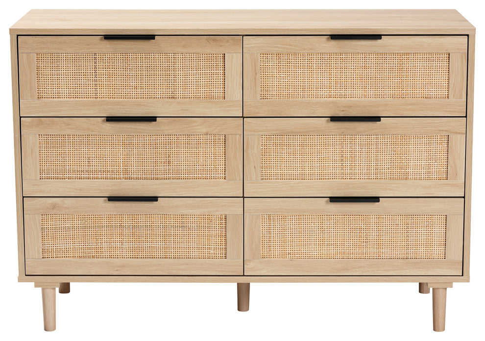 Harrison Natural Brown Finished Wood and Natural Rattan 6-Drawer Storage Cabinet