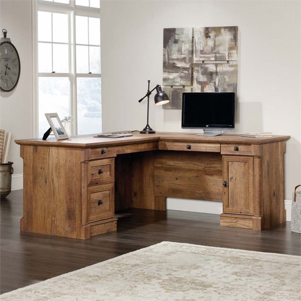 Bowery Hill Contemporary Wood L-Shape Computer Desk in Vintage Oak