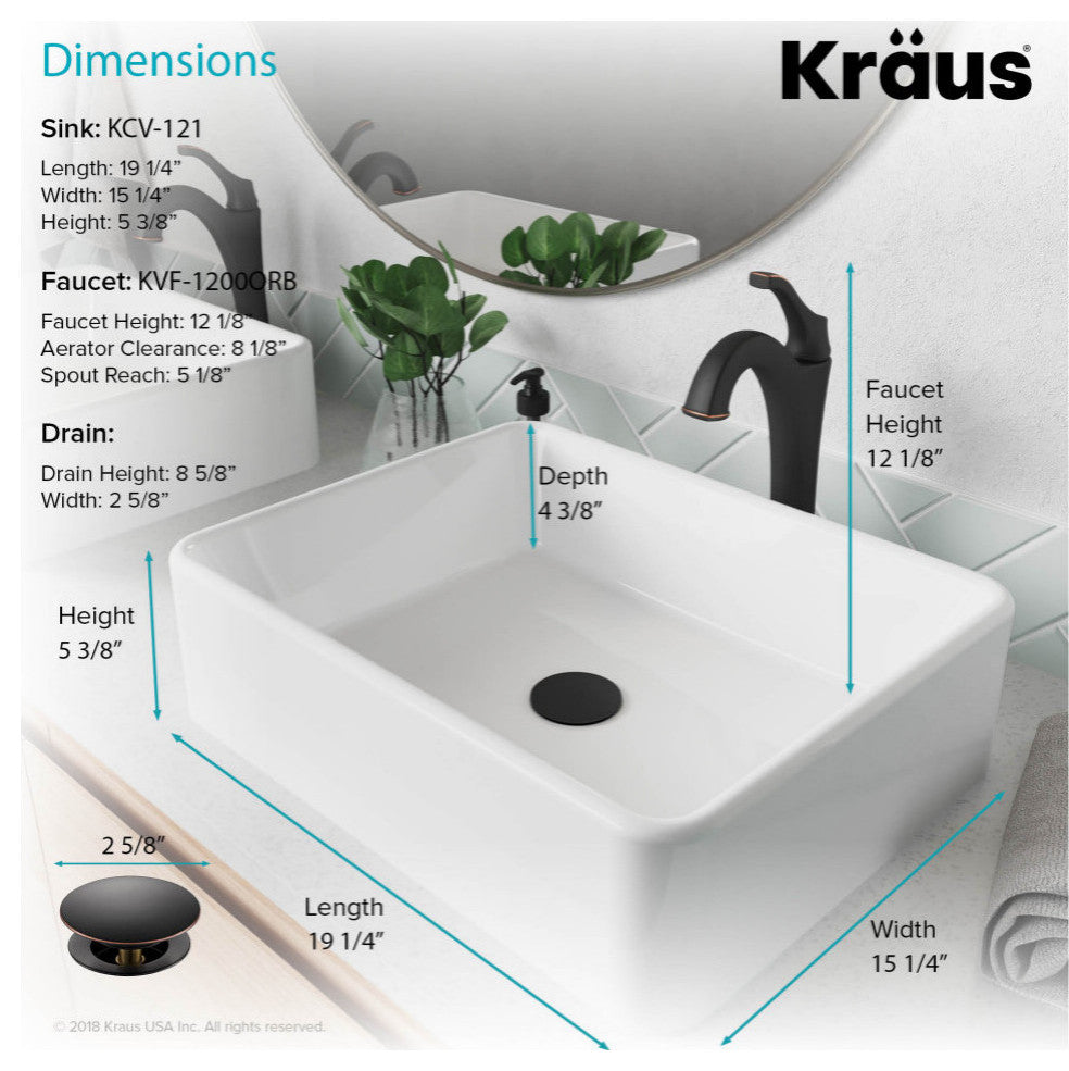Elavo Rectangle Ceramic Vessel Sink, Bathroom Arlo Faucet, Drain, Oil Rub Bronze