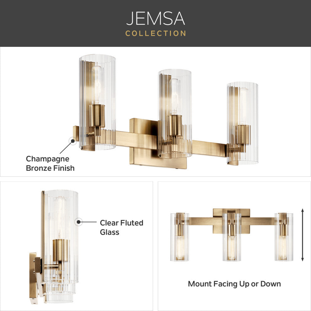 Jemsa 22.75" 3 Light Vanity With Clear Fluted Glass, Black