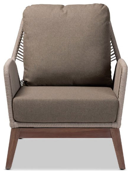 Mid-Century Transitional Gray Woven Rope Mahogany Accent Chair