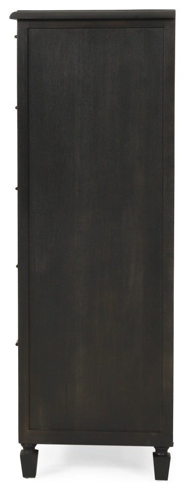 Pollards Rustic Acacia Wood and Cane 5 Drawer Dresser, Dark Gray