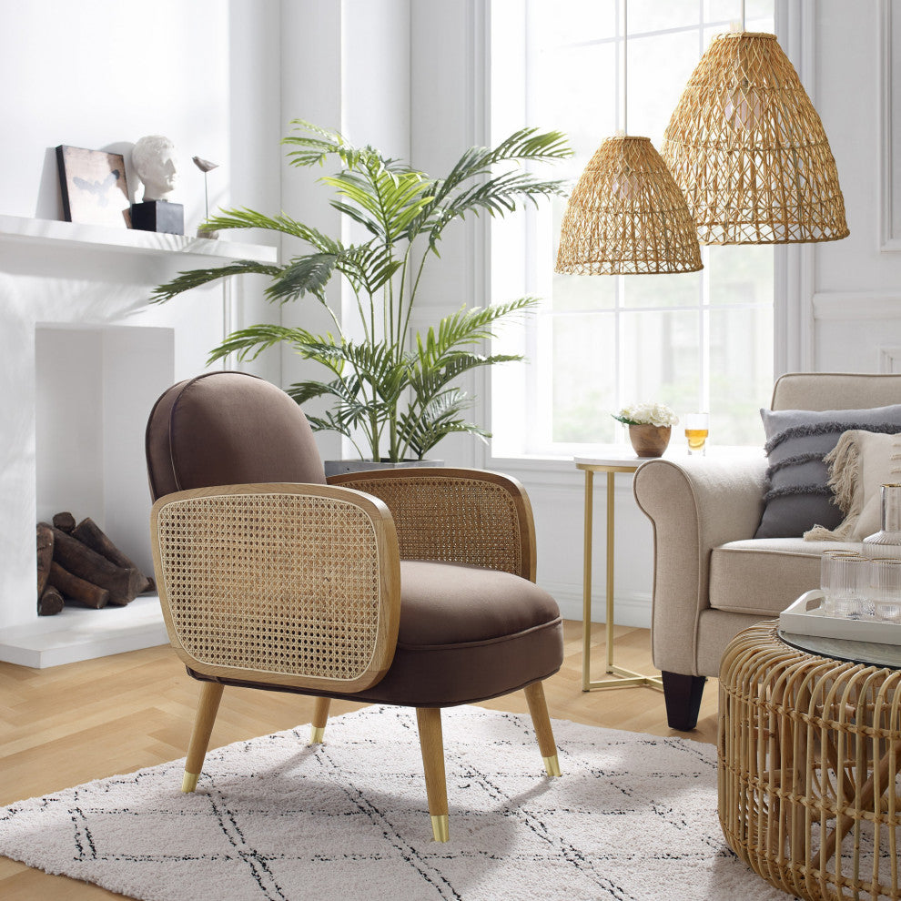 Modern Mocha Velvet With Cane Accent Chair