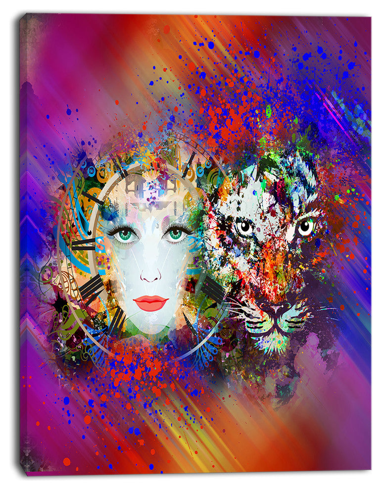 Colorful Tiger and Woman Face, Large Abstract Canvas Art, 30"x40"