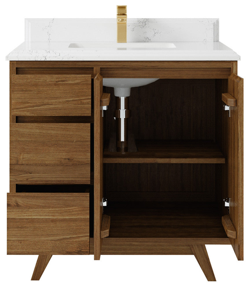 Madison Teak 36 Center Sink Bath Vanity in Dark Natural 1.5" Empira Quartz
