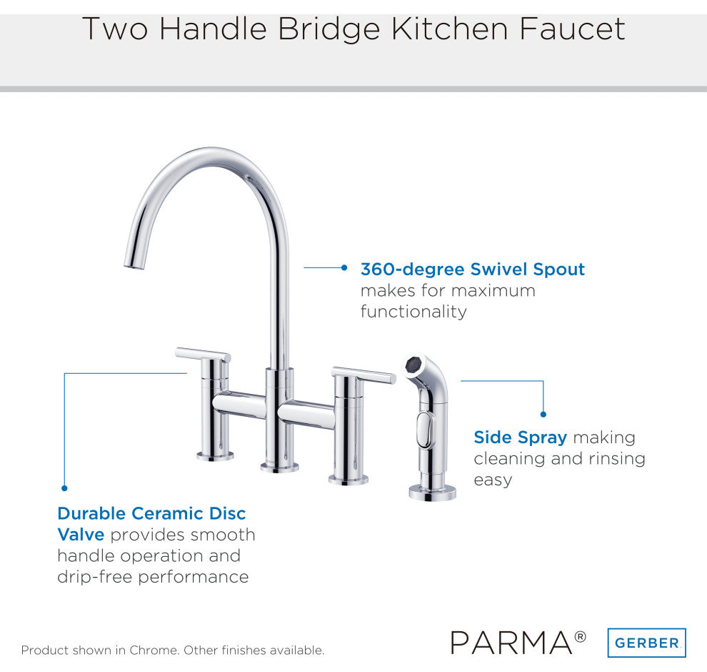 Parma Two Handle Bridge Kitchen Faucet With Sidespray, Brushed Bronze