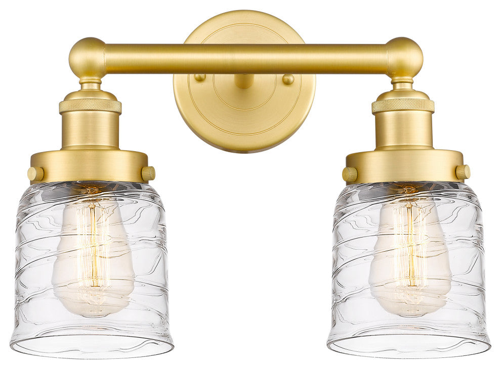 Edison Small Bell 2-Light 16" Bath Vanity Light, Satin Gold, Clear Deco Swirl
