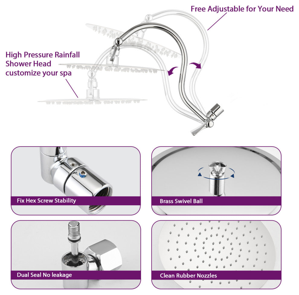 12" Rain Shower Head With 16" Adjustable Height & Distance Extension Arm, Chrome