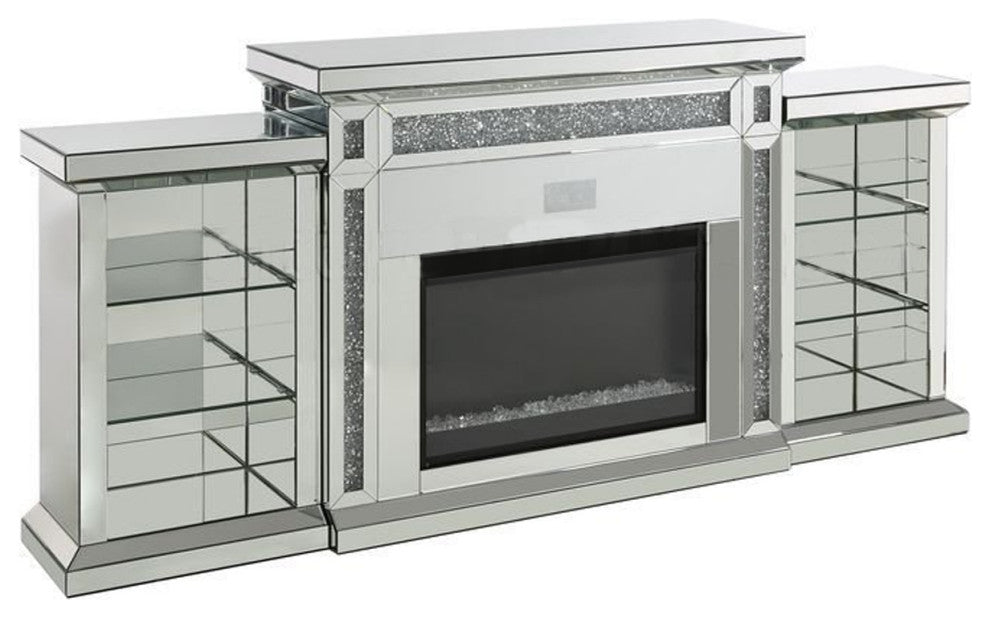 Benzara BM266450 Fireplace With LED and Mirrored Finish, Silver and Black