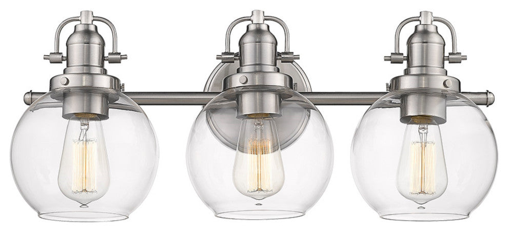 3 Light Retro Modern Clear glass Vanity Bath Fixture, Satin Nickel