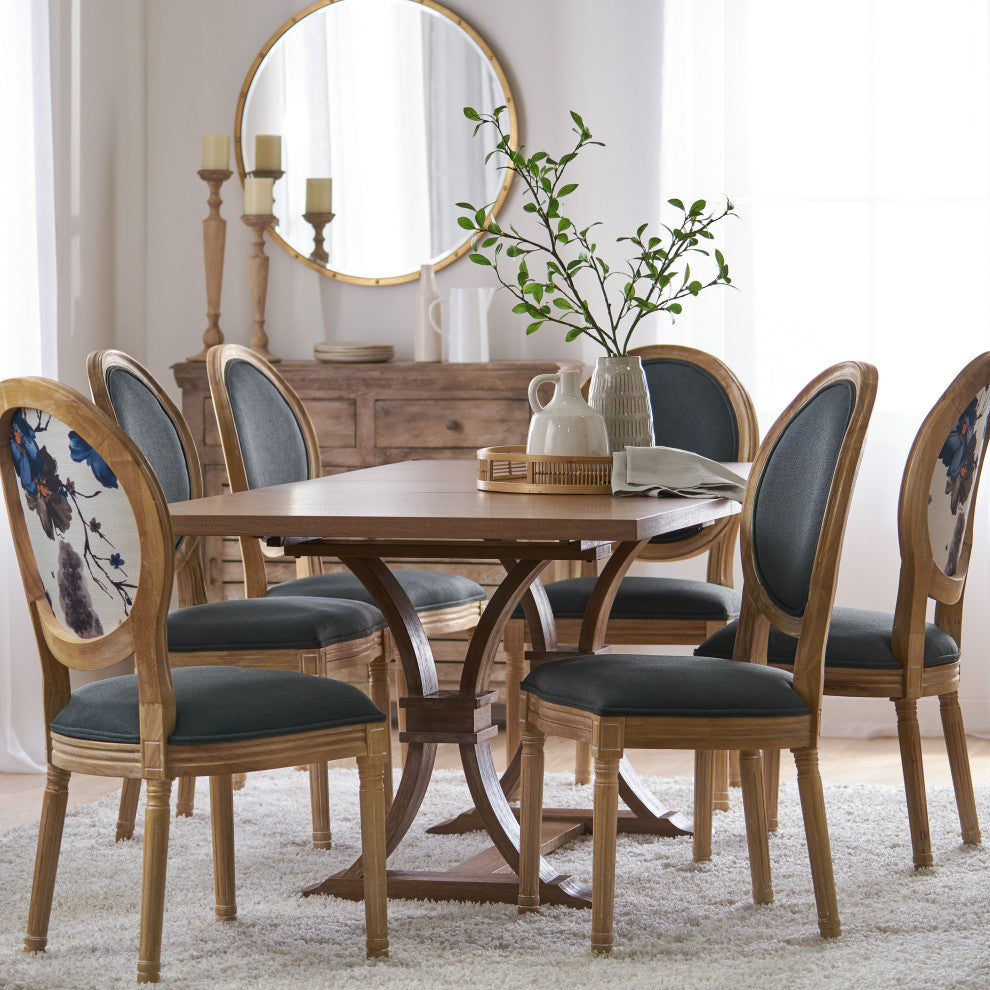 Dason French Country Fabric Upholstered Wood 7-Piece Dining Set, Dark Gray/Floral Print/Natural