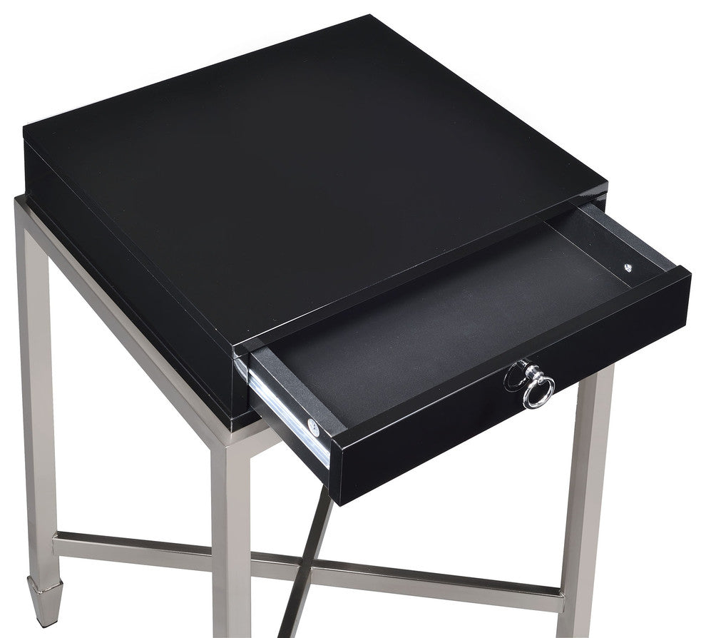 Allura Collection 1-Drawer End Table, Black with Brushed Nickel