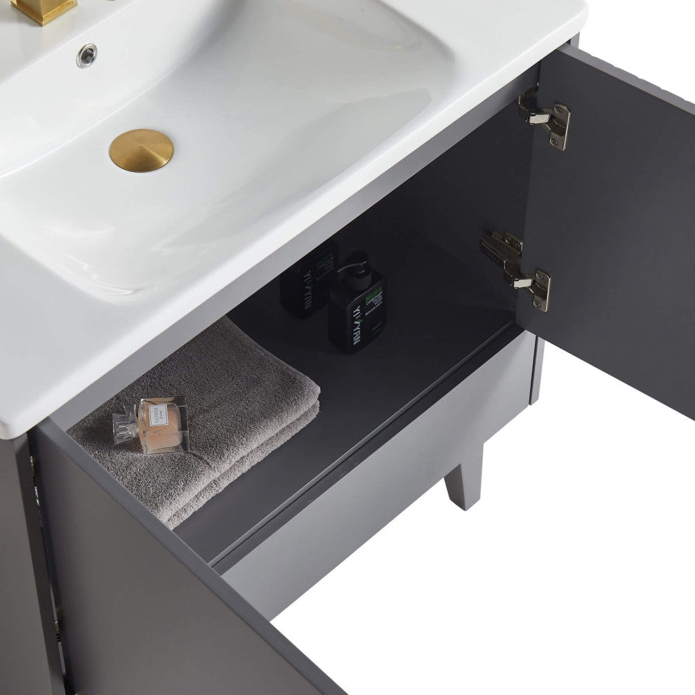Venezian Single Bathroom Vanity, Rock Gray, 30", Satin Brass Handles, One Sink