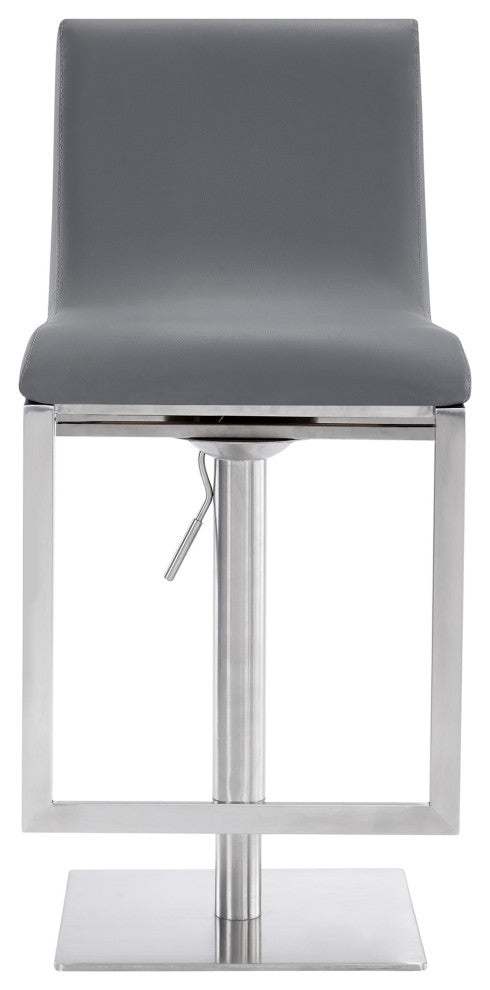 Wezen Swivel Barstool, Gray Faux Leather, Brushed Stainless Steel