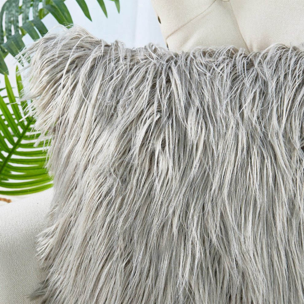 Mongolian Faux Fur Pillow Shell Set, Gray, 20"x20"