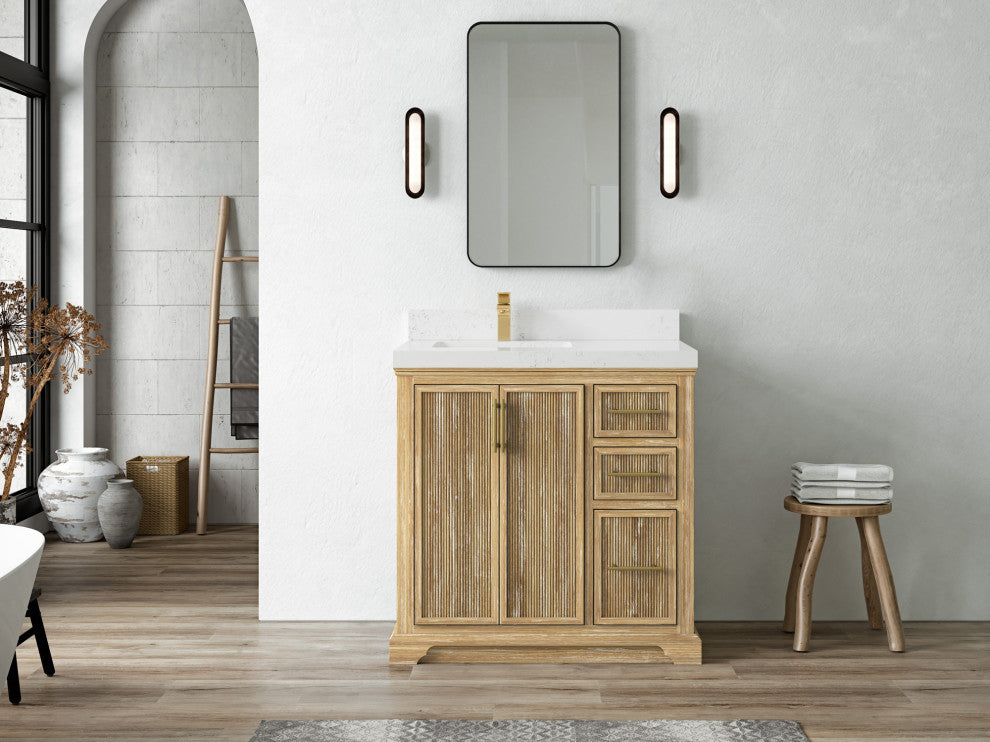 Alys Teak 36 Bathroom Vanity Left Offset Sink Whitewashed 2" Empira Quartz