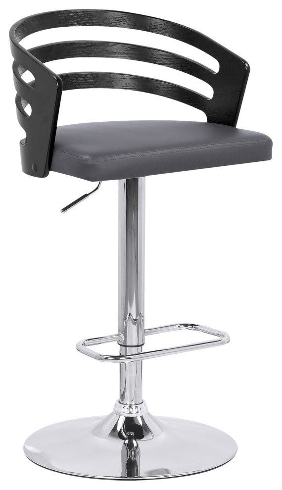 Gray Faux Leather Black Wood and Chrome Adjustable Swivel Bar Stool