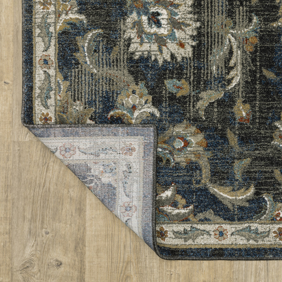 Vander Traditional Oriental Power-Loomed Area Rug, Charcoal/Blue, 2'3"x7'6"