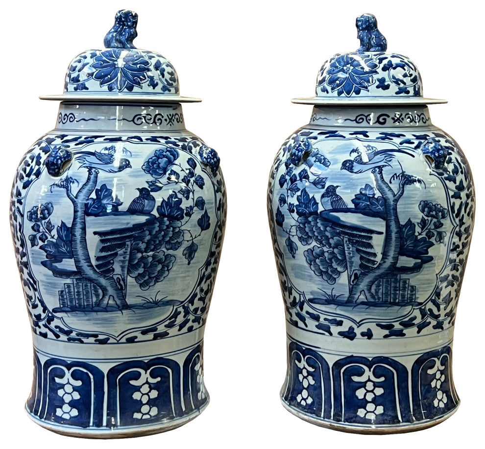 Pair of Chinese Blue White Porcelain Flower Bird Graphic Temple Jars Hws2550