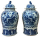 Pair of Chinese Blue White Porcelain Flower Bird Graphic Temple Jars Hws2550