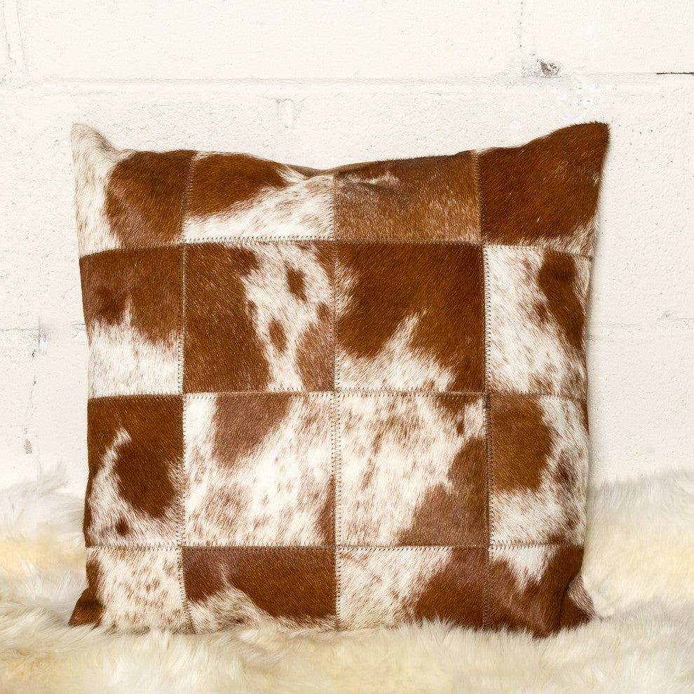 Torino Patchwork Cowhide Pillow, Brown/White, 18"x18"