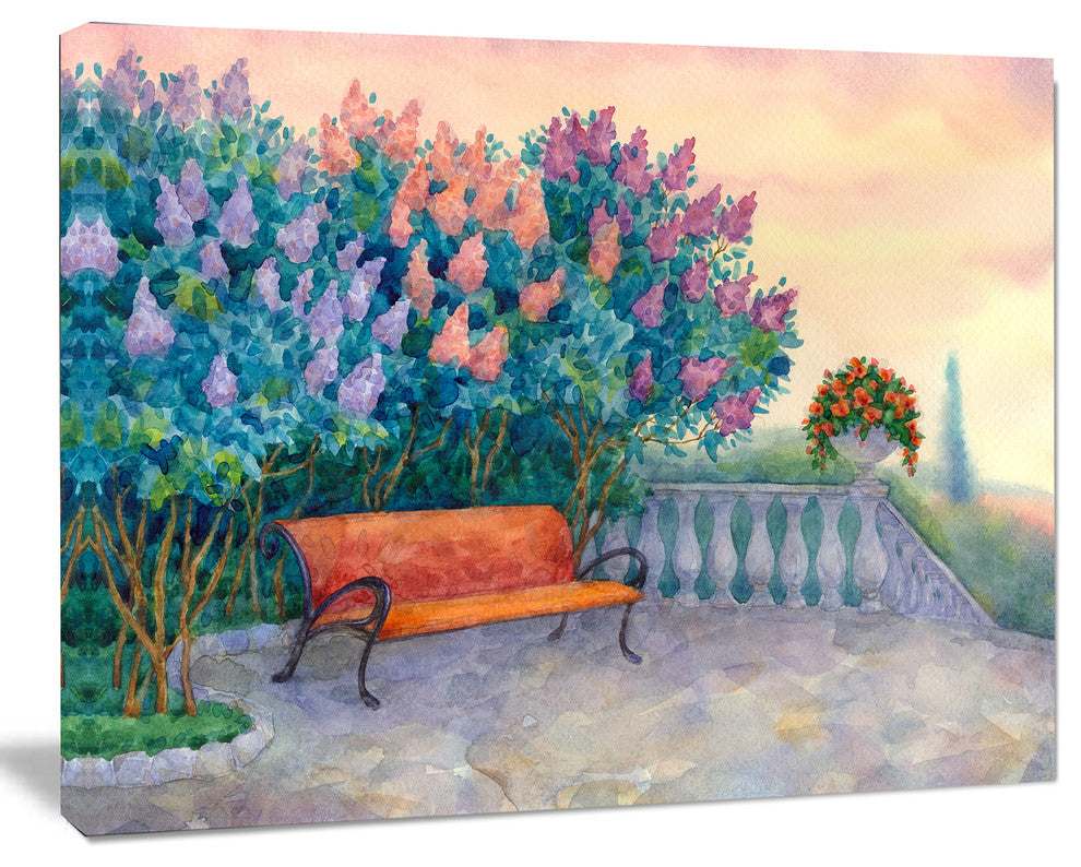 Bench under Flowering Lilac, Landscape Canvas Art Print, 20"x12"