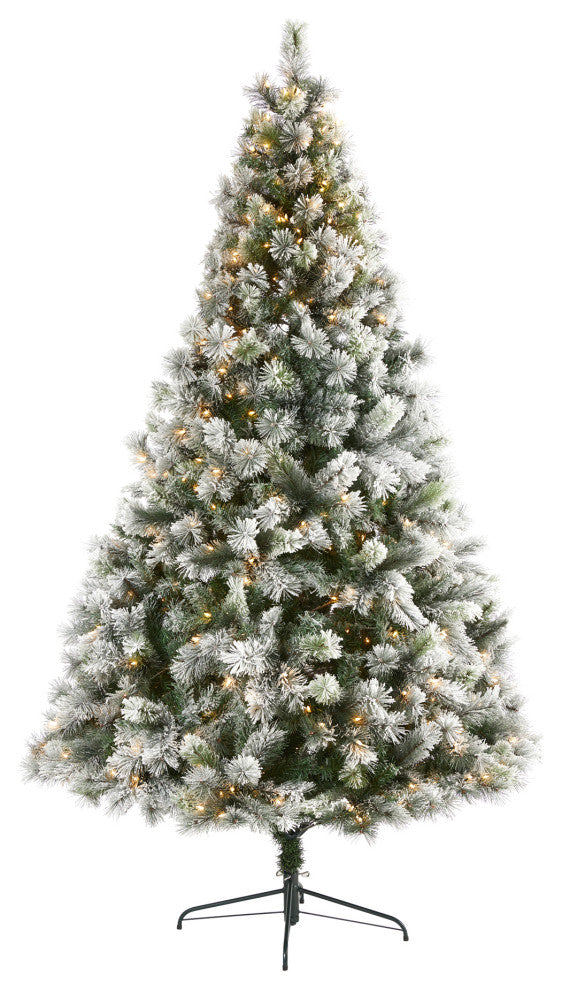 8' Flocked Oregon Pine Faux Xmas Tree W/500 Clear Lights & Bendable Branches