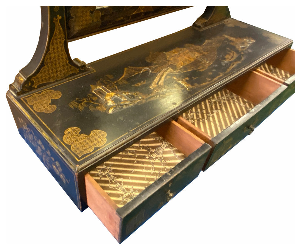 Chinese Vintage Golden Scenery Black Lacquer Mirror Chest Hcs7052