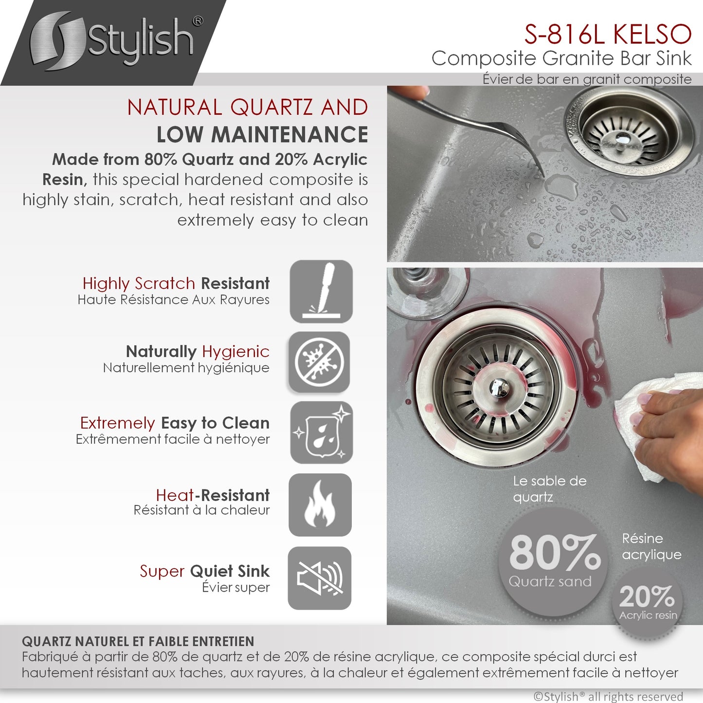 STYLISH 16"Dual Mount Single Bowl Gray Granite Kitchen Sink