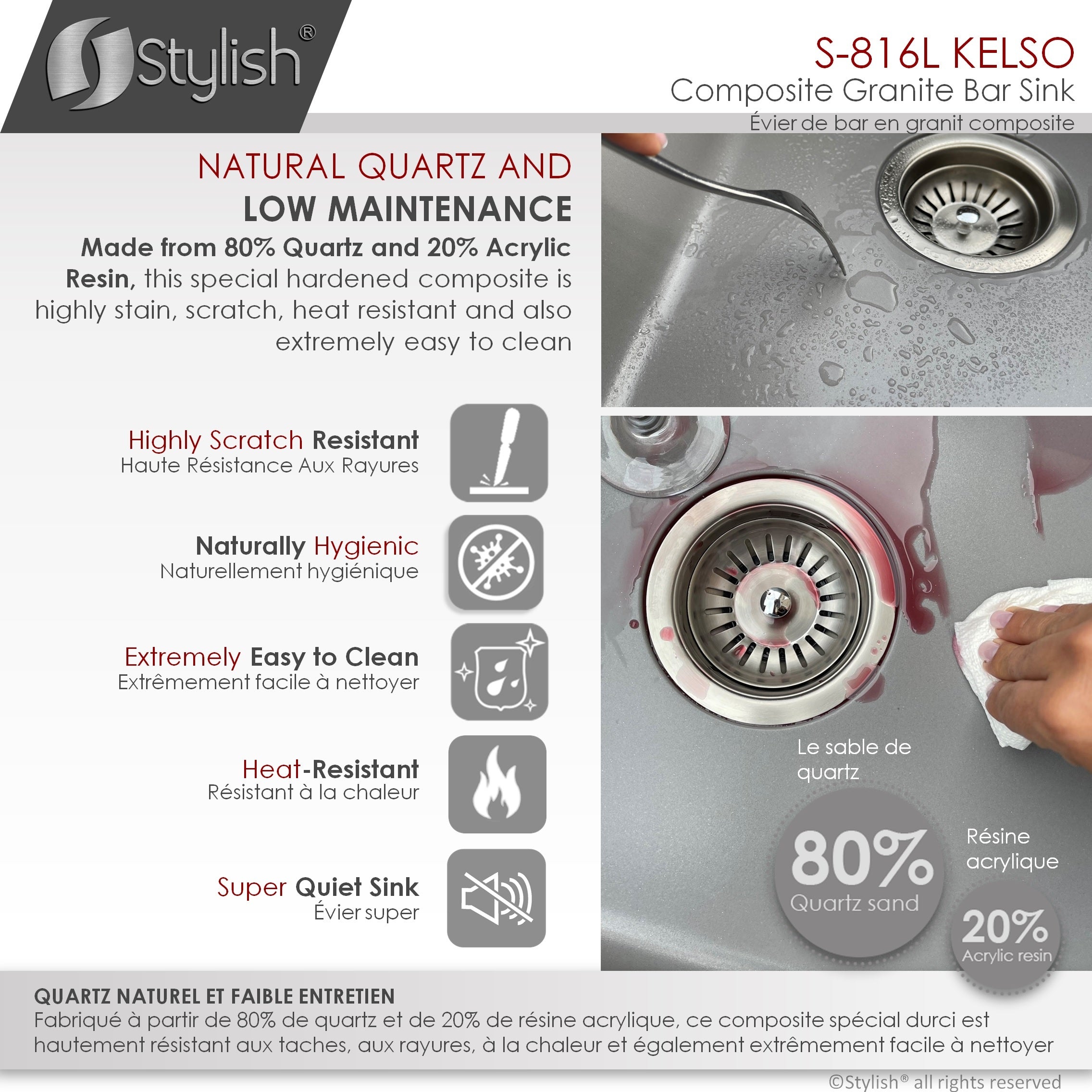 STYLISH 16"Dual Mount Single Bowl Gray Granite Kitchen Sink