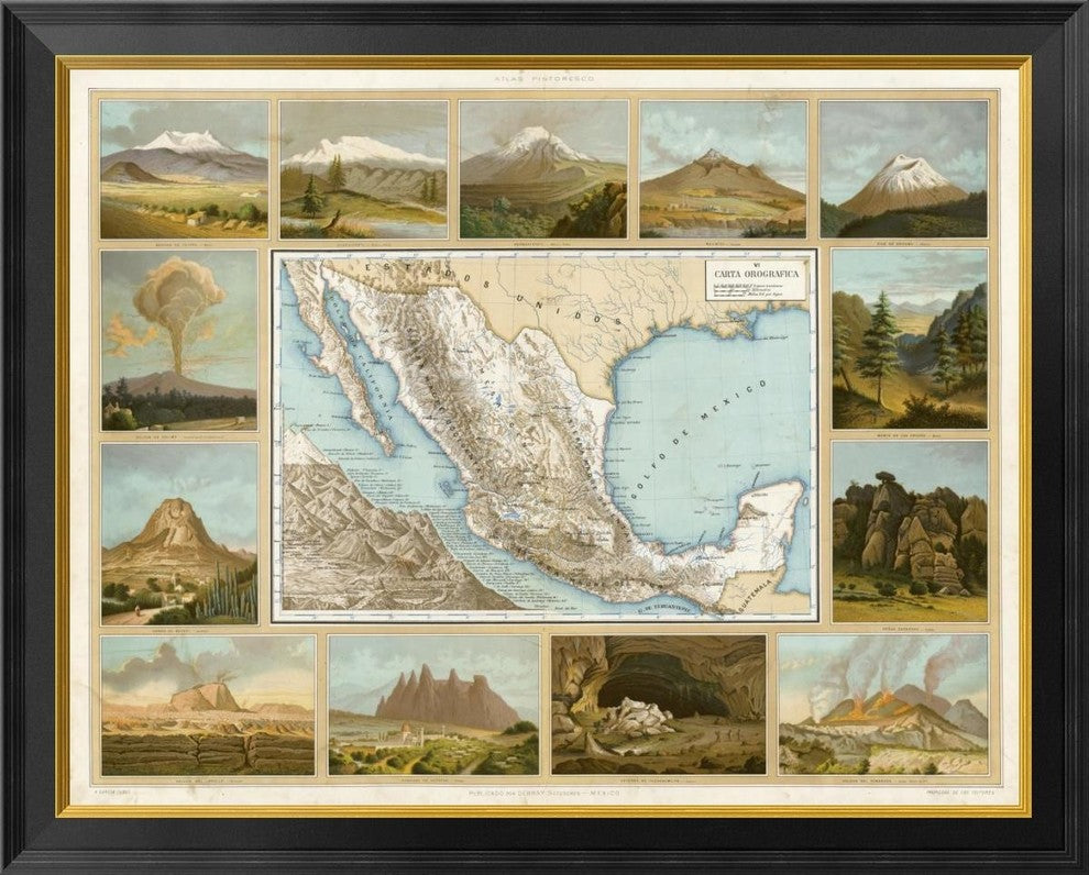 "Carta Orografica, 1885" Framed Canvas Giclee by Antonio Garcia Cubas, 34x28"