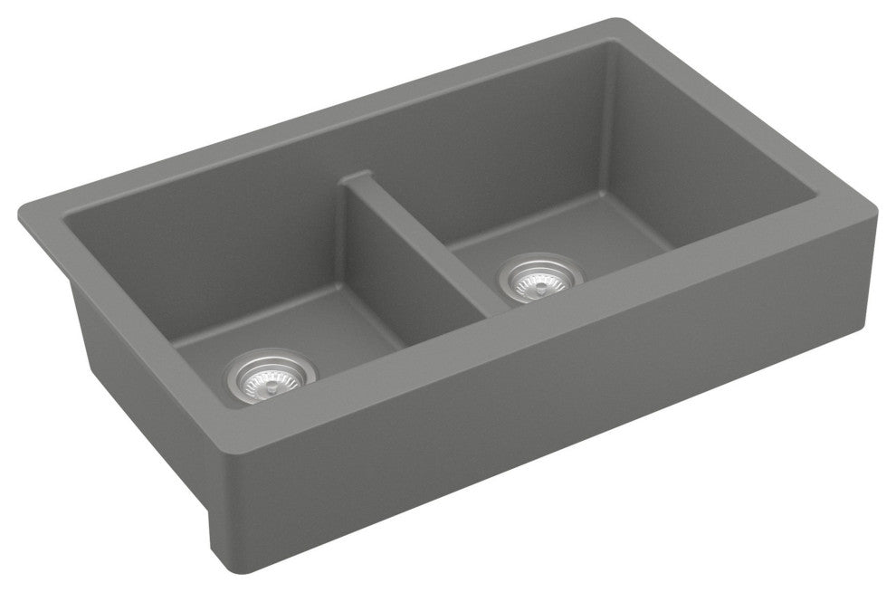 Karran Retrofit Farmhouse Quartz 34" Double Bowl Sink, Grey