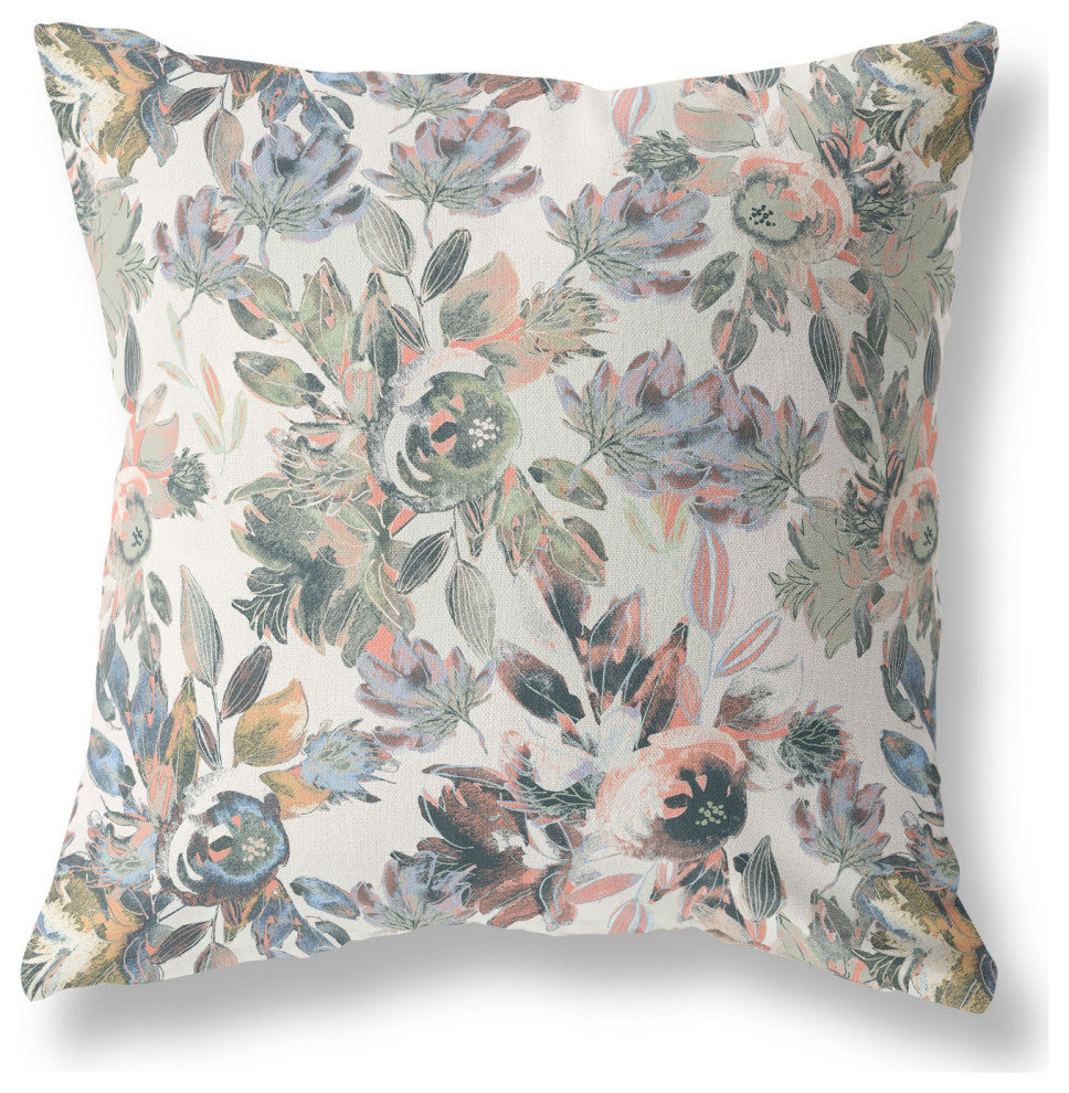 26" Pink Gray Florals Indoor Outdoor Zippered Throw Pillow