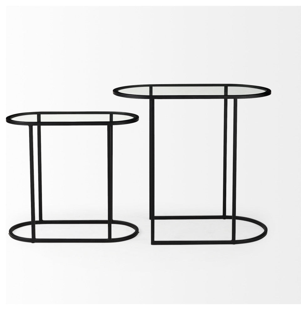 Celine Set of Two Black/Silver Metal and Glass Nesting Accent Tables