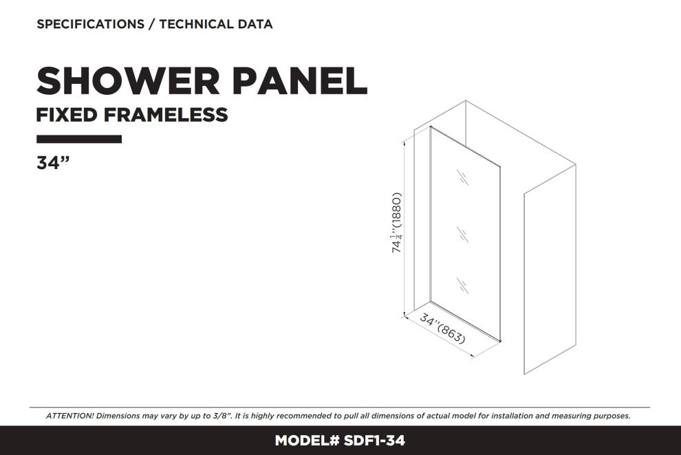 Single Fixed Glass Shower Panel - Clear Tempered Frameless Shower Glass Door, Polished Chrome, 34"