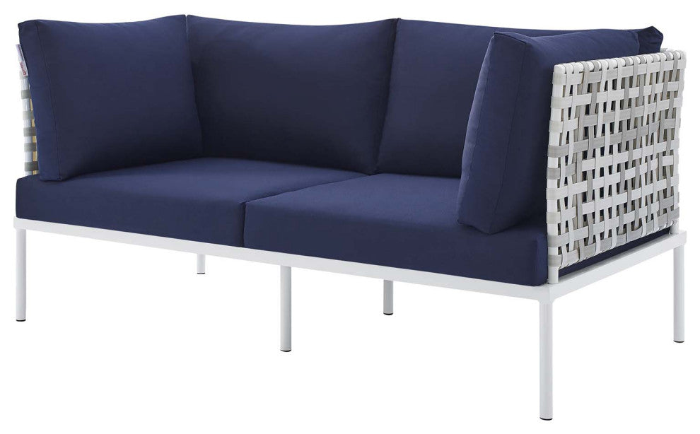 Lounge Sectional Sofa Chair Table Set, Sunbrella, Aluminum, Blue Navy, Outdoor