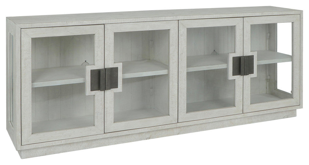 Larson 90" Glass Reclaimed Pine Wood Sideboard, Whitewash