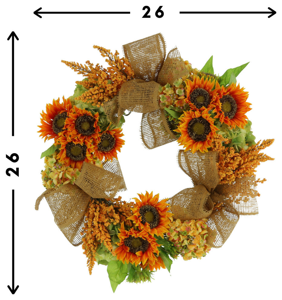 26" Sunflower, Hydrangea and Heather Fall Wreath with Burlap Bows