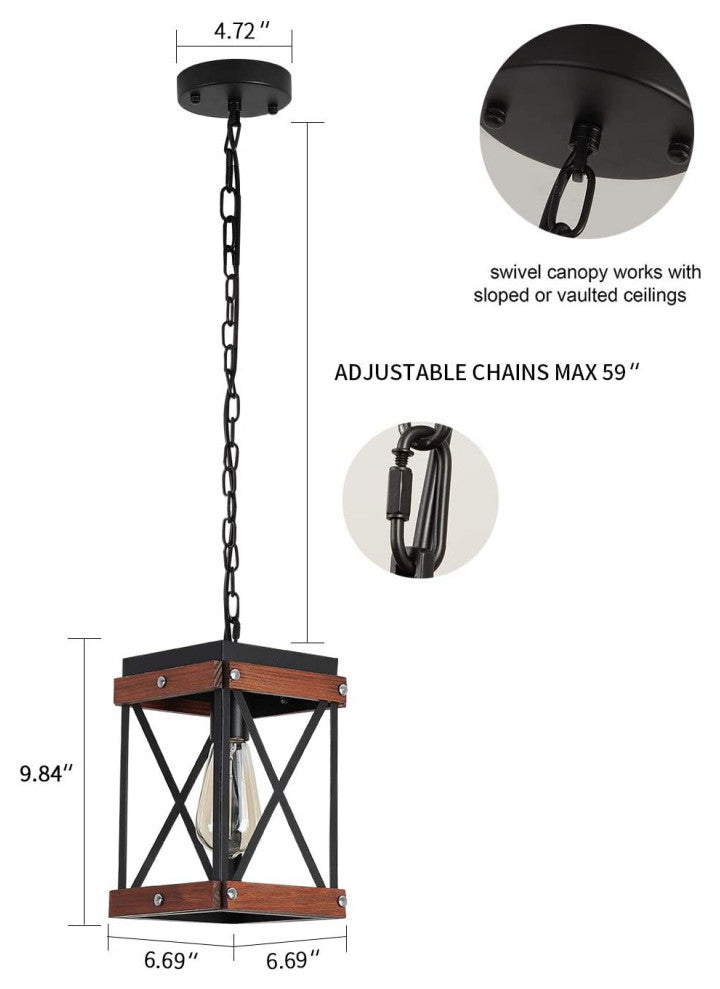 Farmhouse Square Wood Pendant Lighting for Kitchen Island Black Cage