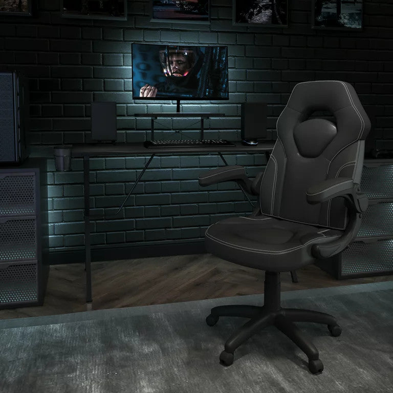 Modern Gaming Desk With Comfortable Chair, Raised Shelf & Cup Holder, Black