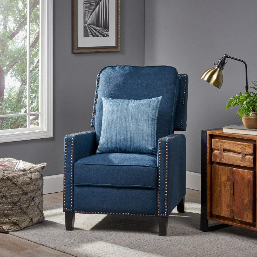 GDF Studio Armstrong Traditional Fabric Recliner, Navy Blue/Dark Brown