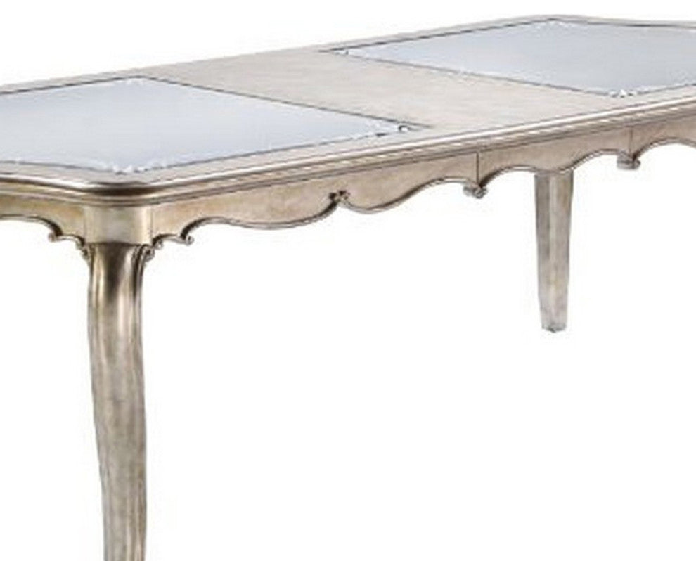 Benzara BM250626 Dining Table, Mirror Accent and Leaf Extension, Champagne Gold