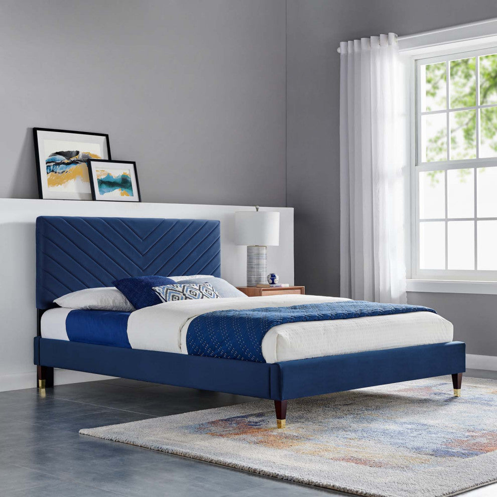 Platform Bed Frame, Queen Size, Blue Navy, Velvet, Modern, Bedroom Guest Suite