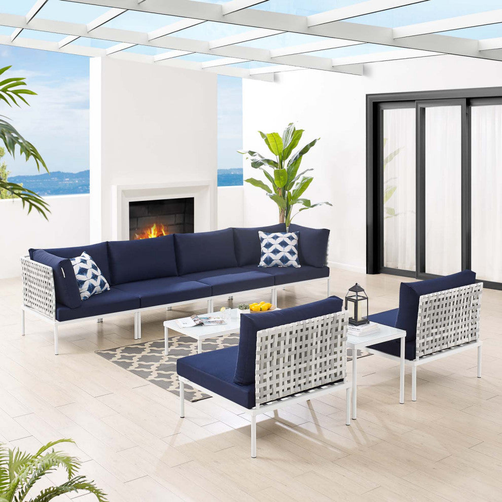 Lounge Sectional Sofa Chair Table Set, Sunbrella, Aluminum, Blue Navy, Outdoor