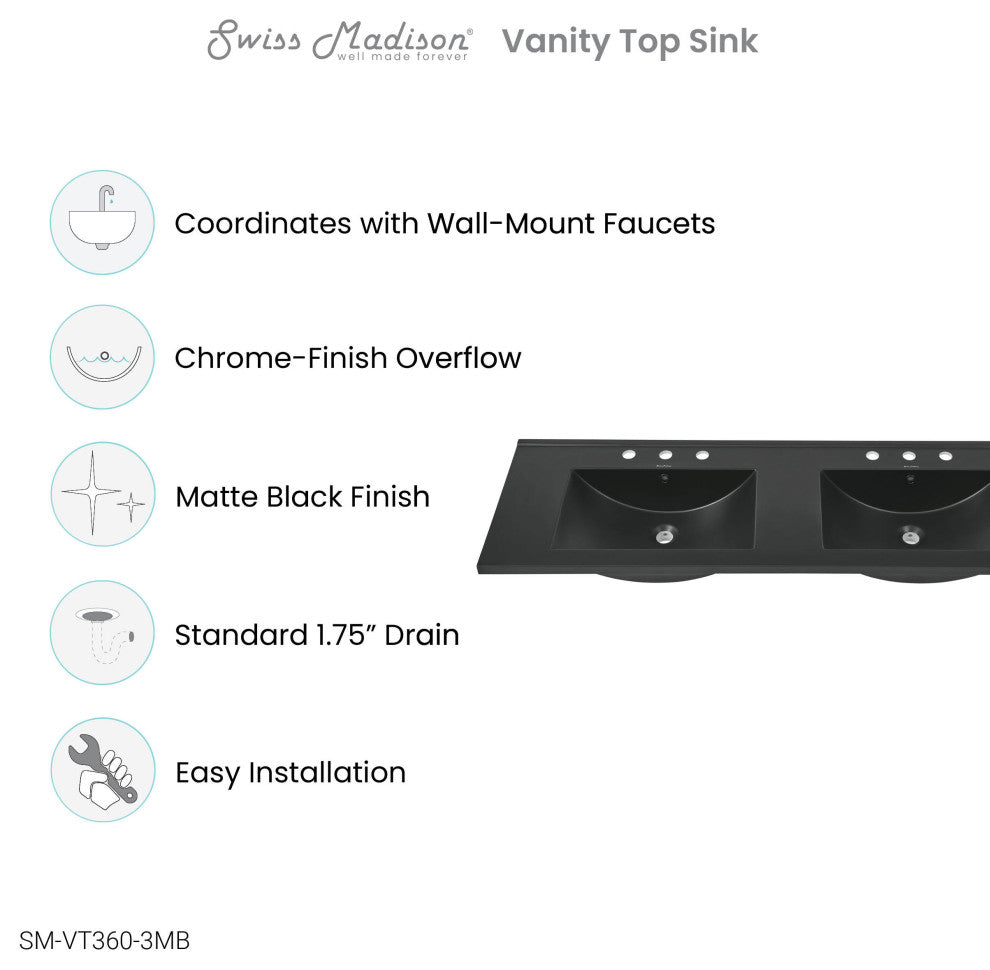60" Vanity Top Bathroom Sink, Matte Black With 3 Holes