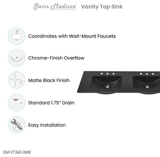 60" Vanity Top Bathroom Sink, Matte Black With 3 Holes