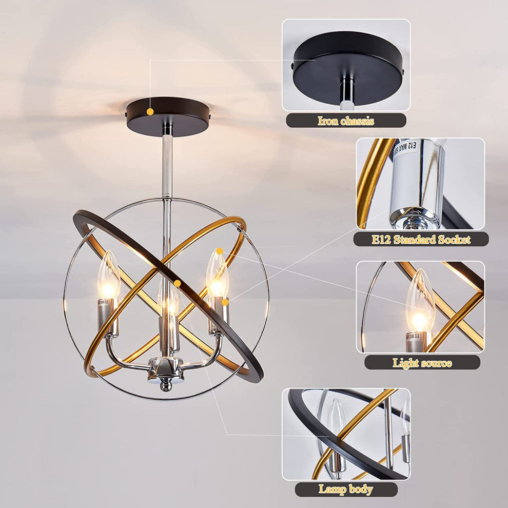 3 Light Farmhouse Semi Flush Mount Ceiling Light, Industrial Vintage, Globe