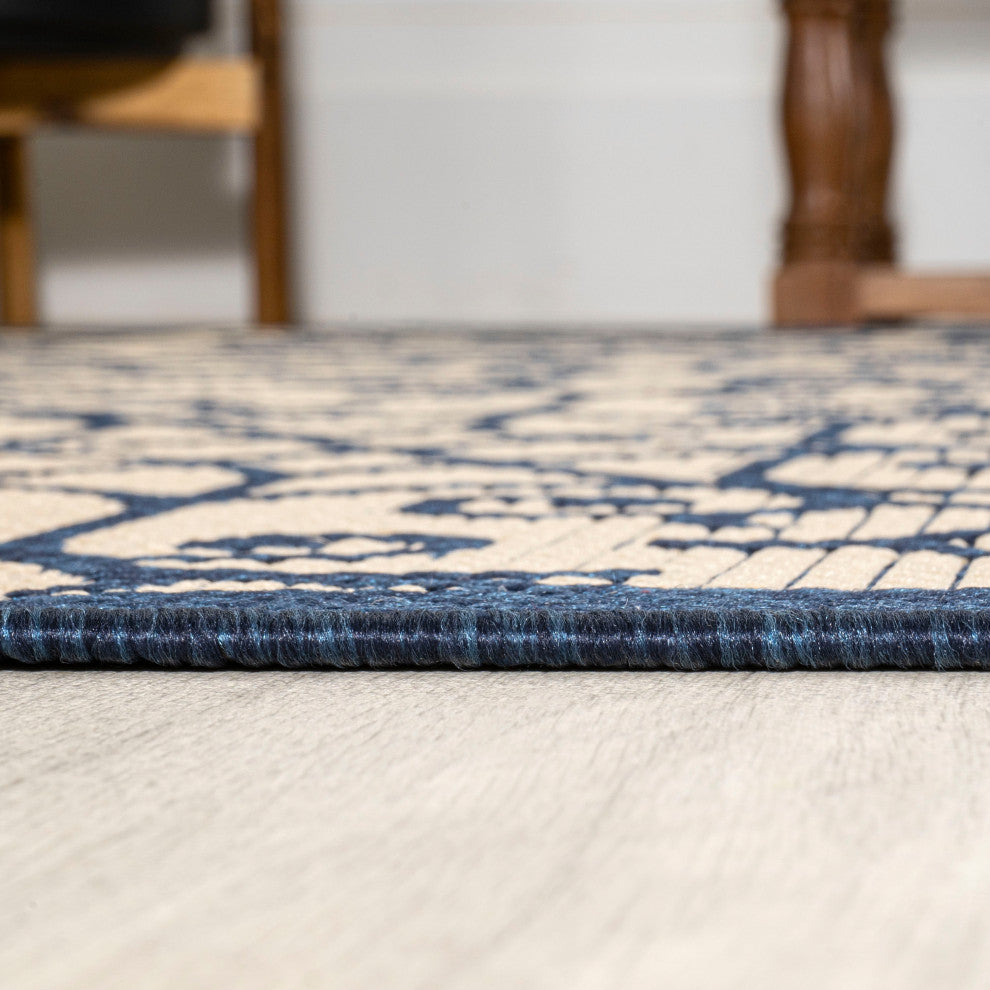 Madrid Vintage Filigree Textured Weave Indoor/Outdoor, Navy/Beige, 3 X 5