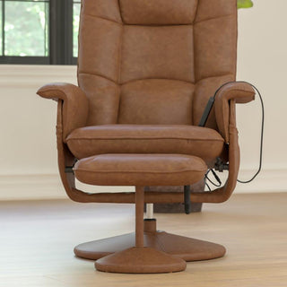 Cason Massaging Multi-Position Recliner with Deep Side Pockets and Ottoman, Brown Leathersoft
